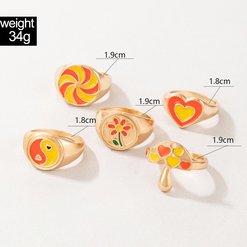 Fashion Contrast Color Heart Flower Bead Butterfly Oil Drip Ring Set display picture 6