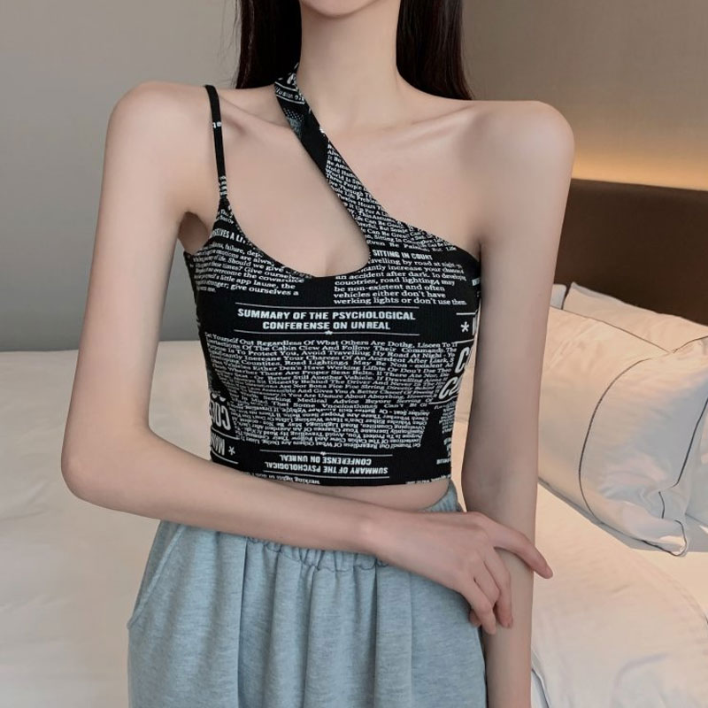 2022 Summer New Newspaper Print Sexy Slanted Shoulder Hollow Camisole Top Women&#39;s Clothing display picture 6