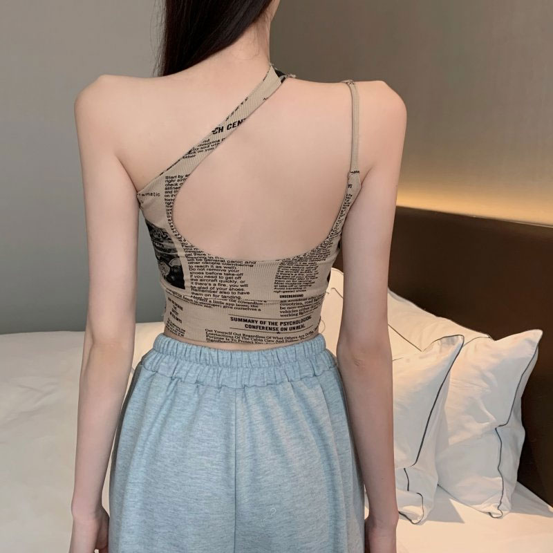 2022 Summer New Newspaper Print Sexy Slanted Shoulder Hollow Camisole Top Women&#39;s Clothing display picture 8