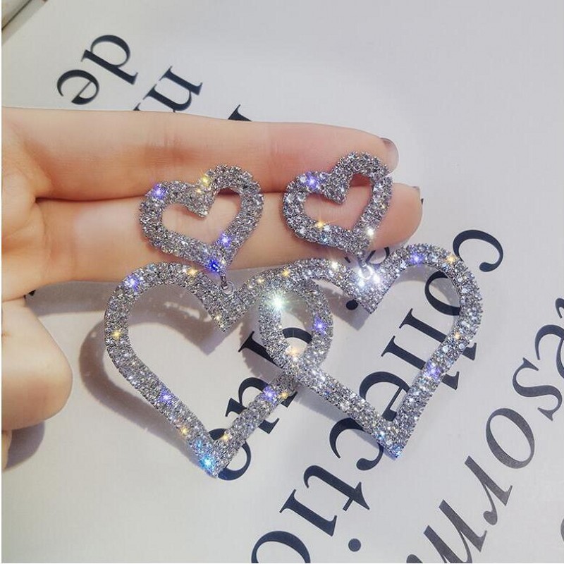 Exaggerated Super Flash Double Love Flash Diamond Personality Earrings Earrings display picture 1