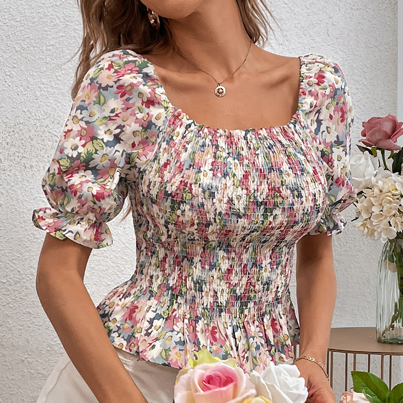Sommerliches, Eng Anliegendes Chiffon-hemd Mit Stretch-plissee Und Blumenmuster In Rosa display picture 4