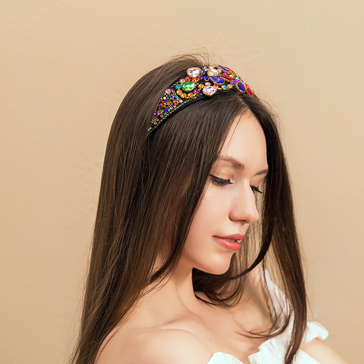 Retro Wide Brim Colorful Gemstone Headband display picture 3