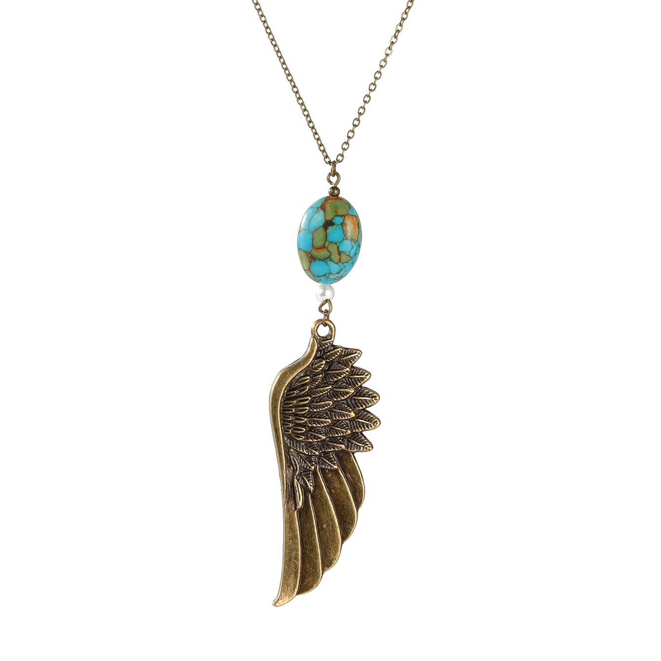 Retro Feathers Carved Eagle Wings Inlaid Turquoise Pendant Necklace display picture 3