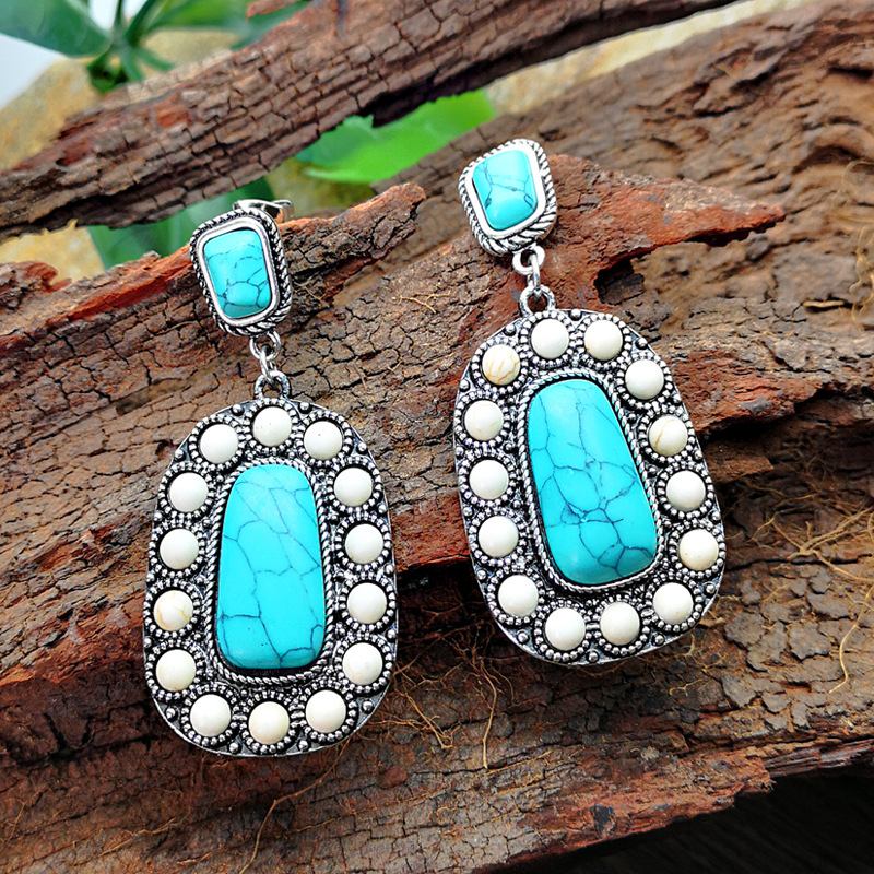 New Turquoise Earrings Retro Inlaid Natural Turquoise Exaggerated Earrings display picture 1