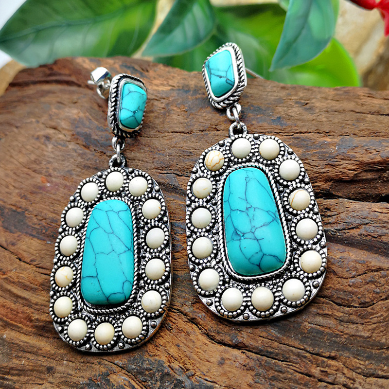 New Turquoise Earrings Retro Inlaid Natural Turquoise Exaggerated Earrings display picture 3