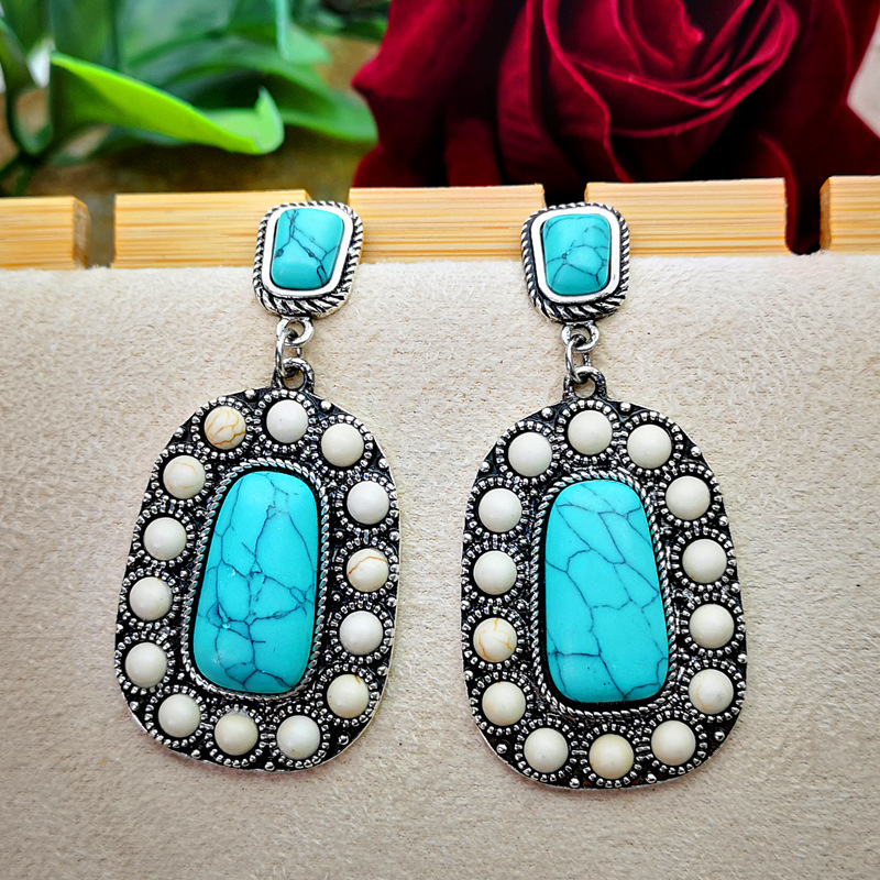 New Turquoise Earrings Retro Inlaid Natural Turquoise Exaggerated Earrings display picture 4