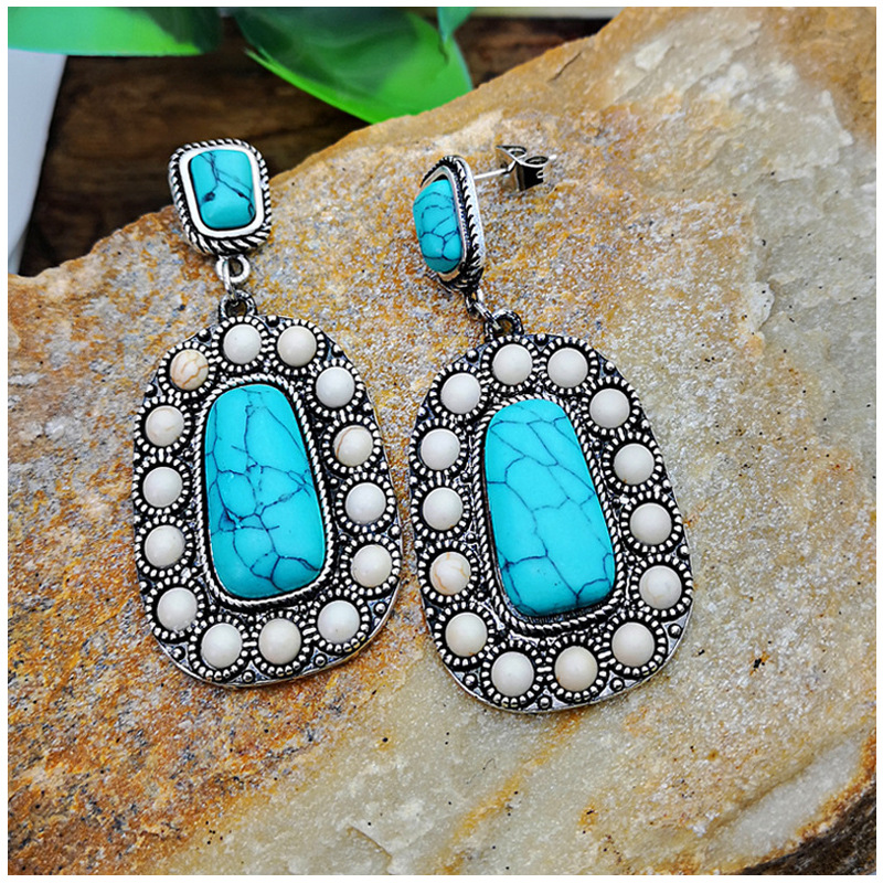 New Turquoise Earrings Retro Inlaid Natural Turquoise Exaggerated Earrings display picture 5