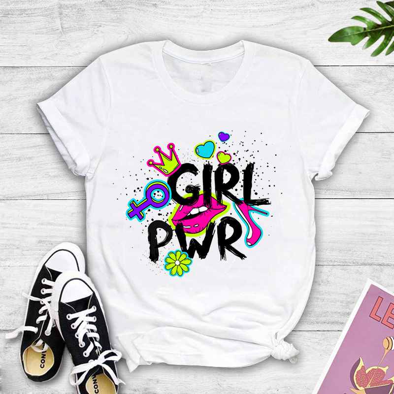 Colorblock Graffiti Girls Print Short Sleeve T-shirt display picture 1