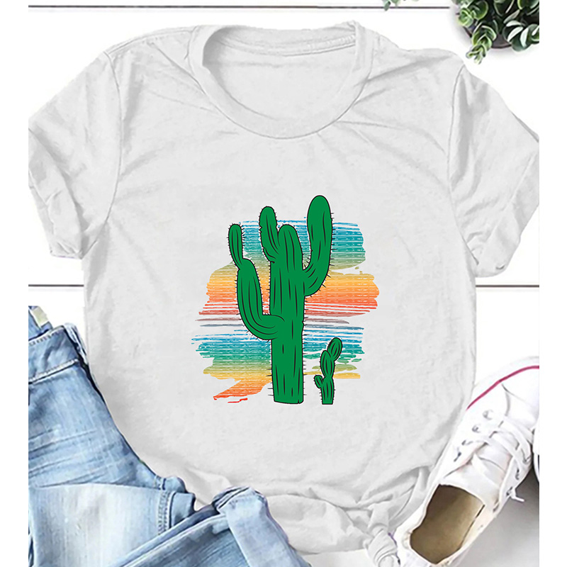 Camiseta De Manga Corta Informal Con Estampado De Cactus De Dibujos Animados Creativos Para Mujer display picture 1