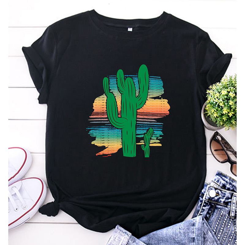 Creative Cartoon Cactus Print Casual Short Sleeve T-shirt Women display picture 2