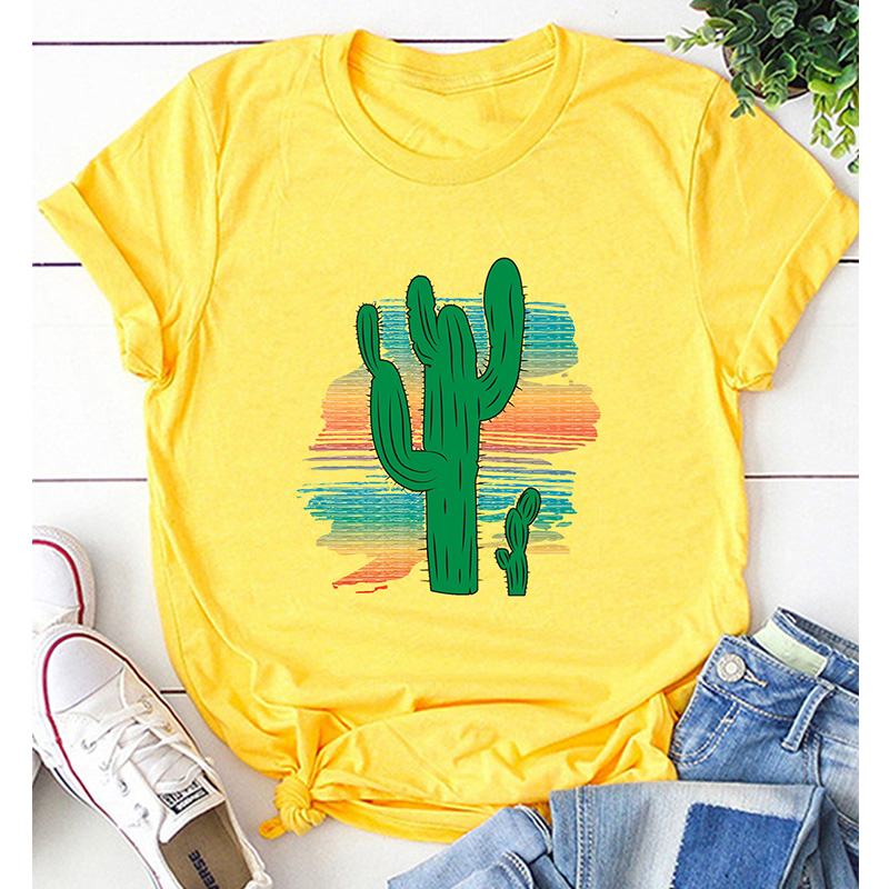Creative Cartoon Cactus Print Casual Short Sleeve T-shirt Women display picture 5