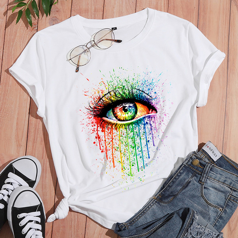 Camiseta De Manga Corta Informal Con Estampado De Ojos Coloridos Creativos Para Mujer display picture 2