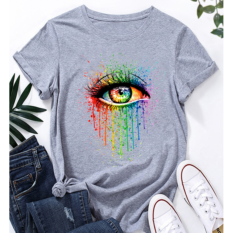 Camiseta De Manga Corta Informal Con Estampado De Ojos Coloridos Creativos Para Mujer display picture 3