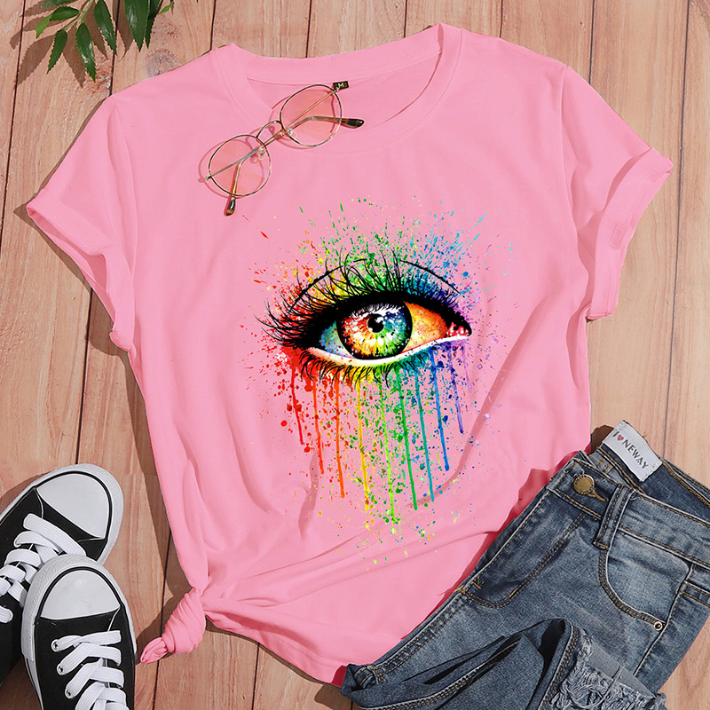 Camiseta De Manga Corta Informal Con Estampado De Ojos Coloridos Creativos Para Mujer display picture 4
