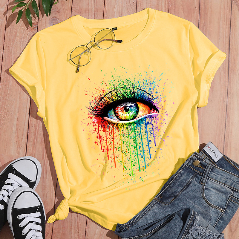 Camiseta De Manga Corta Informal Con Estampado De Ojos Coloridos Creativos Para Mujer display picture 5