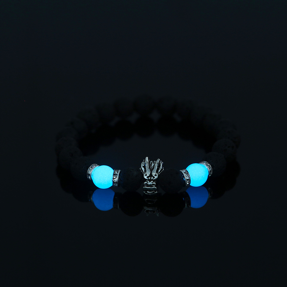 Nueva Pulsera Elástica De Cuentas Luminosas Azul Cielo De Piedra Volcánica Negra display picture 2