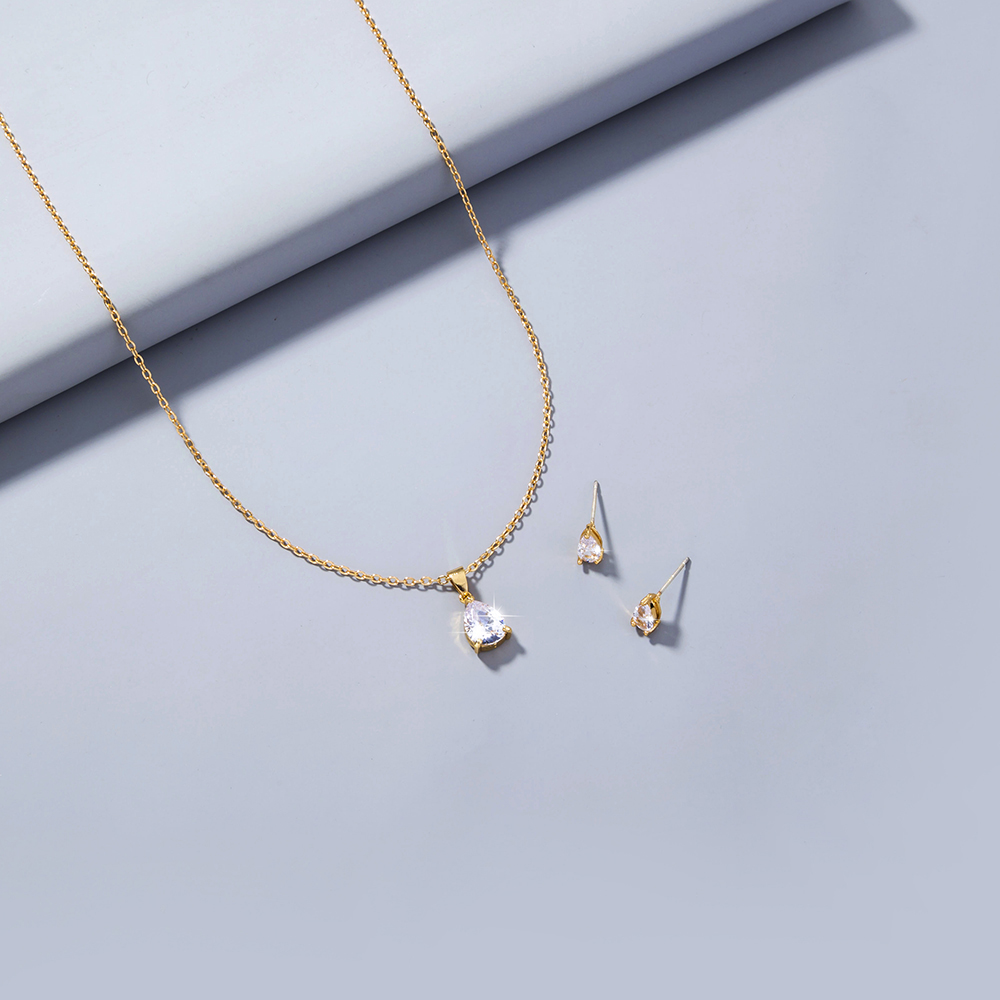 Simple Niche Design Jewelry Water Drop Shape Zircon Pendant Element Necklace One Earring Pair Set 3pcs display picture 2