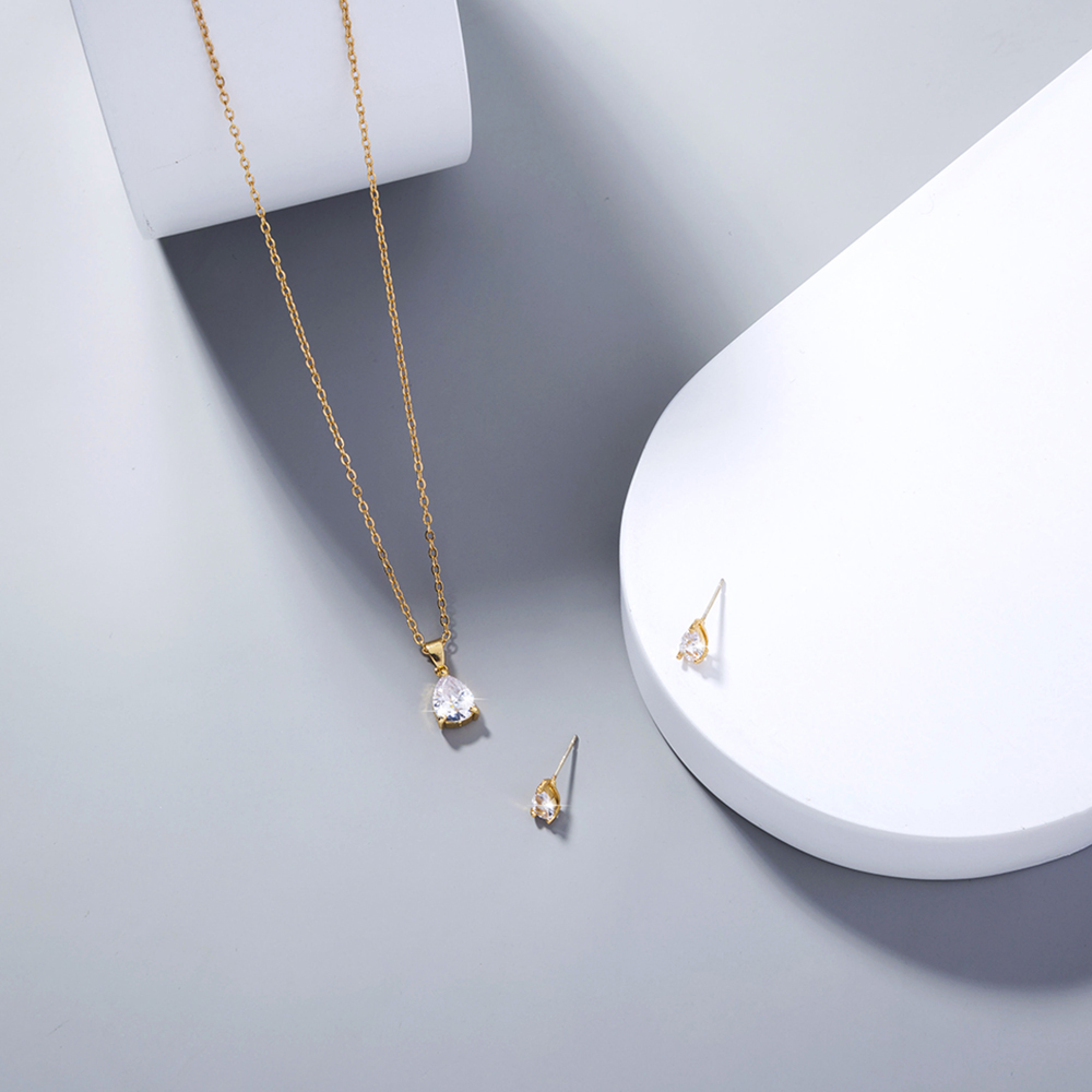 Simple Niche Design Jewelry Water Drop Shape Zircon Pendant Element Necklace One Earring Pair Set 3pcs display picture 3