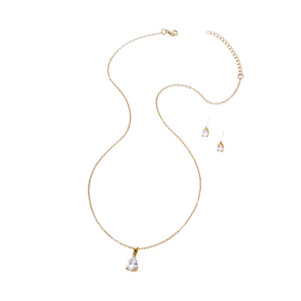 Simple Niche Design Jewelry Water Drop Shape Zircon Pendant Element Necklace One Earring Pair Set 3pcs display picture 4