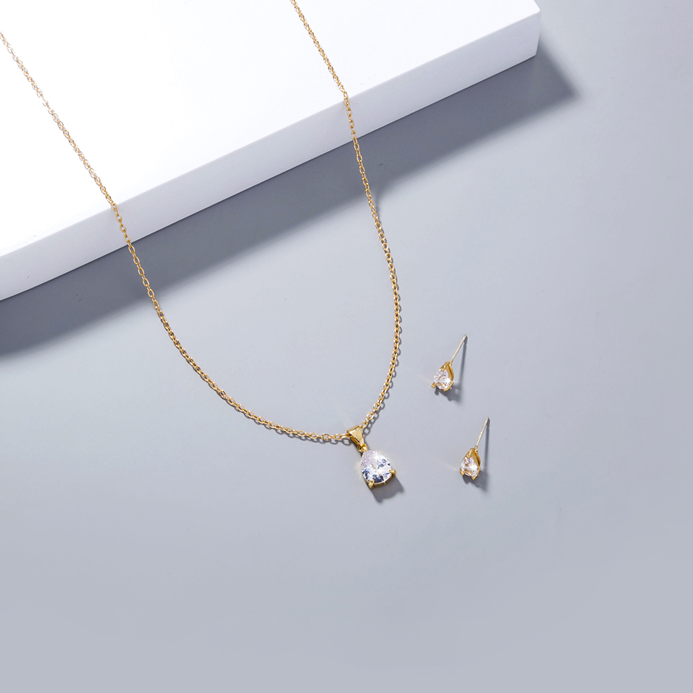 Simple Niche Design Jewelry Water Drop Shape Zircon Pendant Element Necklace One Earring Pair Set 3pcs display picture 5