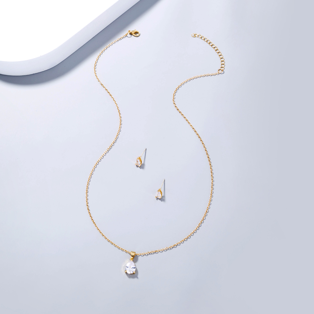 Simple Niche Design Jewelry Water Drop Shape Zircon Pendant Element Necklace One Earring Pair Set 3pcs display picture 6