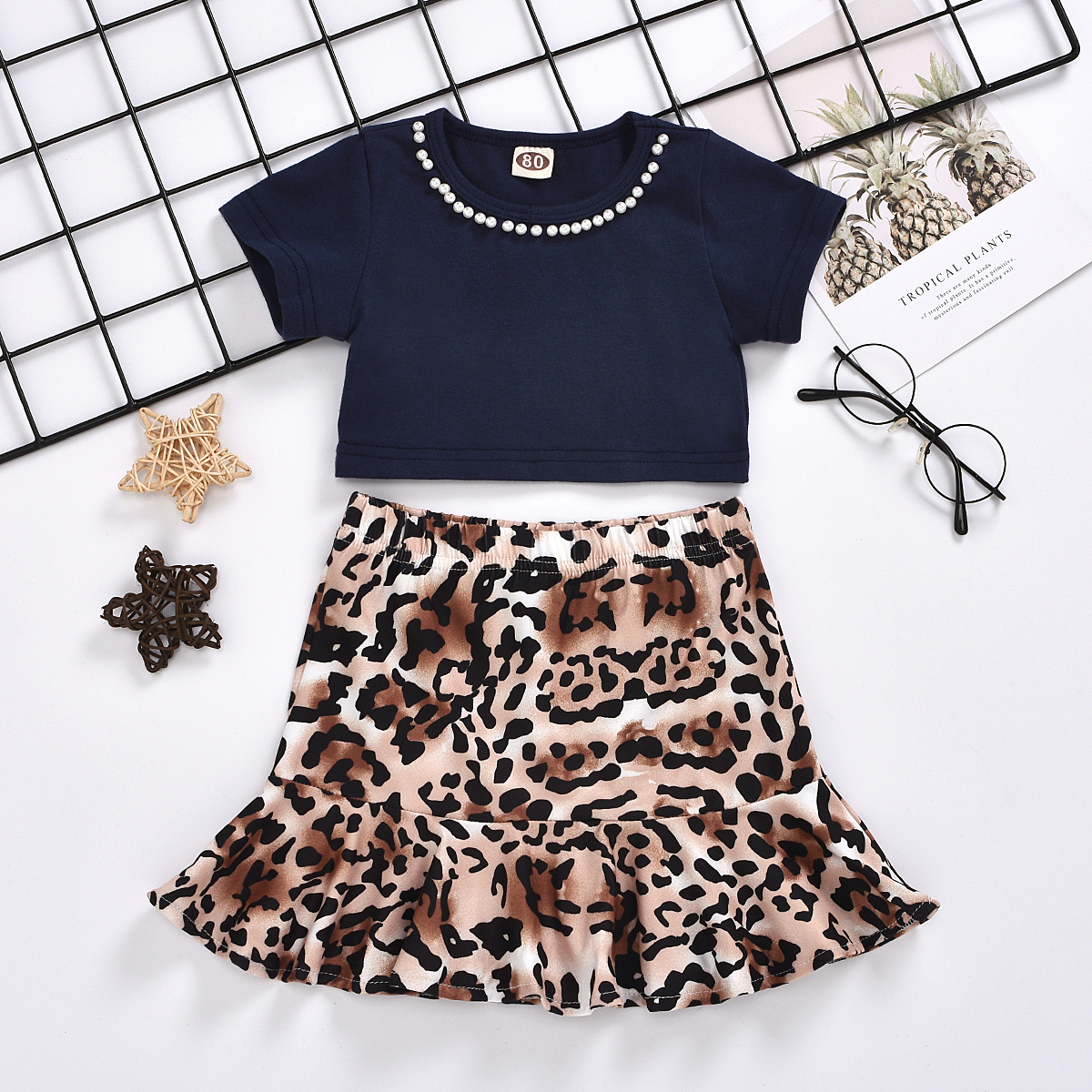 Children's Suit Summer Short-sleeved Leopard Skirt Set Two-piece display picture 1