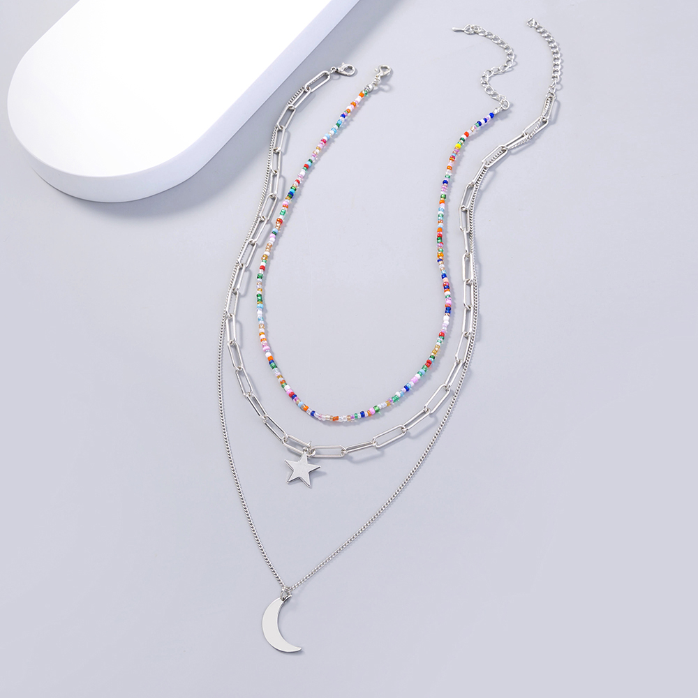Fashion New Jewelry Star Moon Element Pendant Rice Bead Lattice Chain Multi-layer Layered Necklace 2 display picture 1