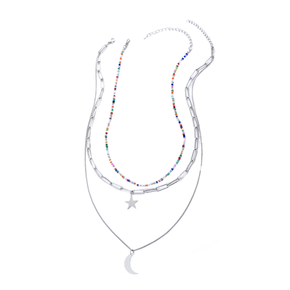 Fashion New Jewelry Star Moon Element Pendant Rice Bead Lattice Chain Multi-layer Layered Necklace 2 display picture 2