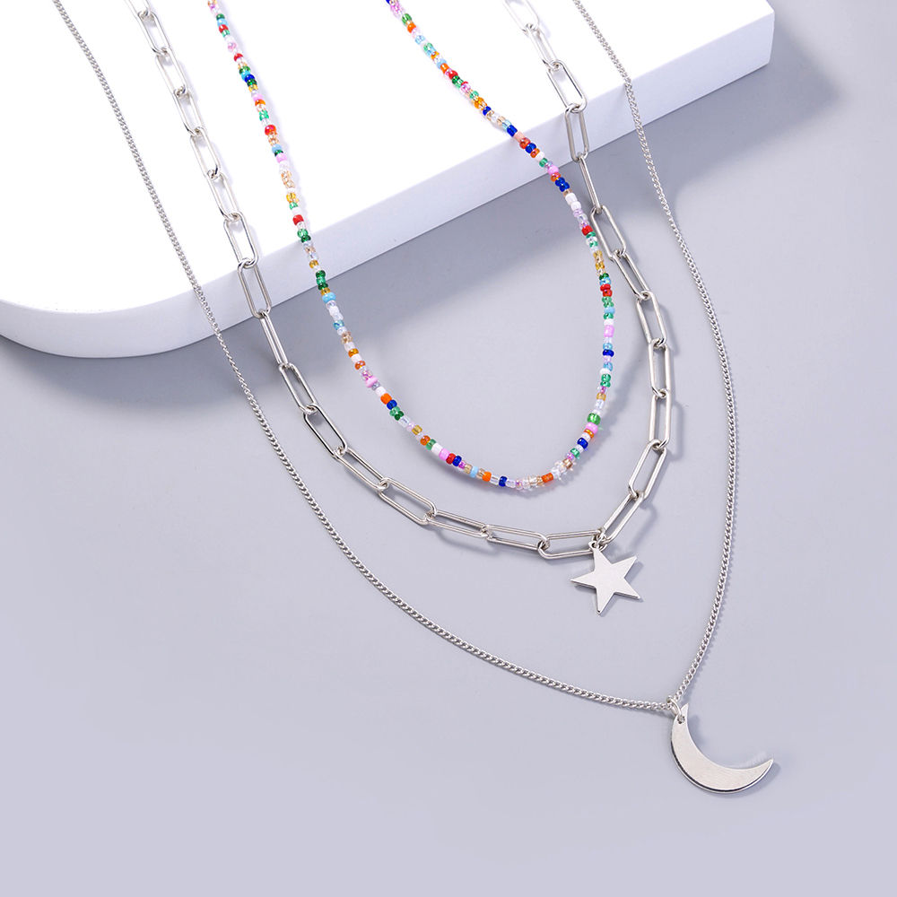 Fashion New Jewelry Star Moon Element Pendant Rice Bead Lattice Chain Multi-layer Layered Necklace 2 display picture 3