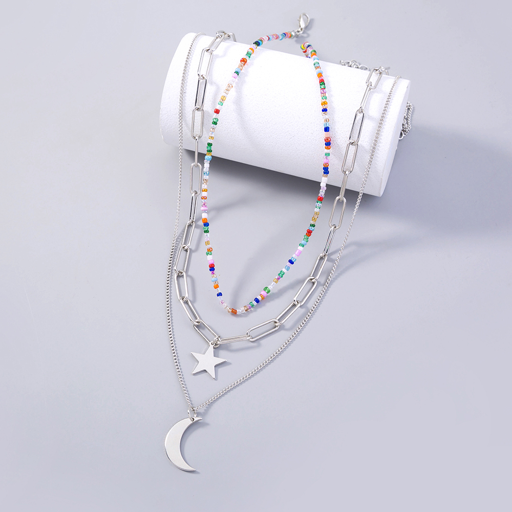 Fashion New Jewelry Star Moon Element Pendant Rice Bead Lattice Chain Multi-layer Layered Necklace 2 display picture 4