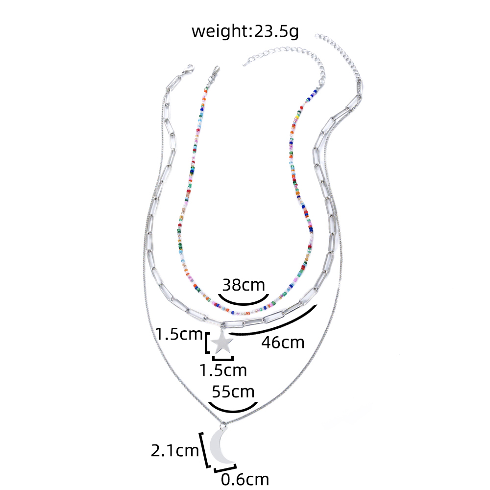Fashion New Jewelry Star Moon Element Pendant Rice Bead Lattice Chain Multi-layer Layered Necklace 2 display picture 5