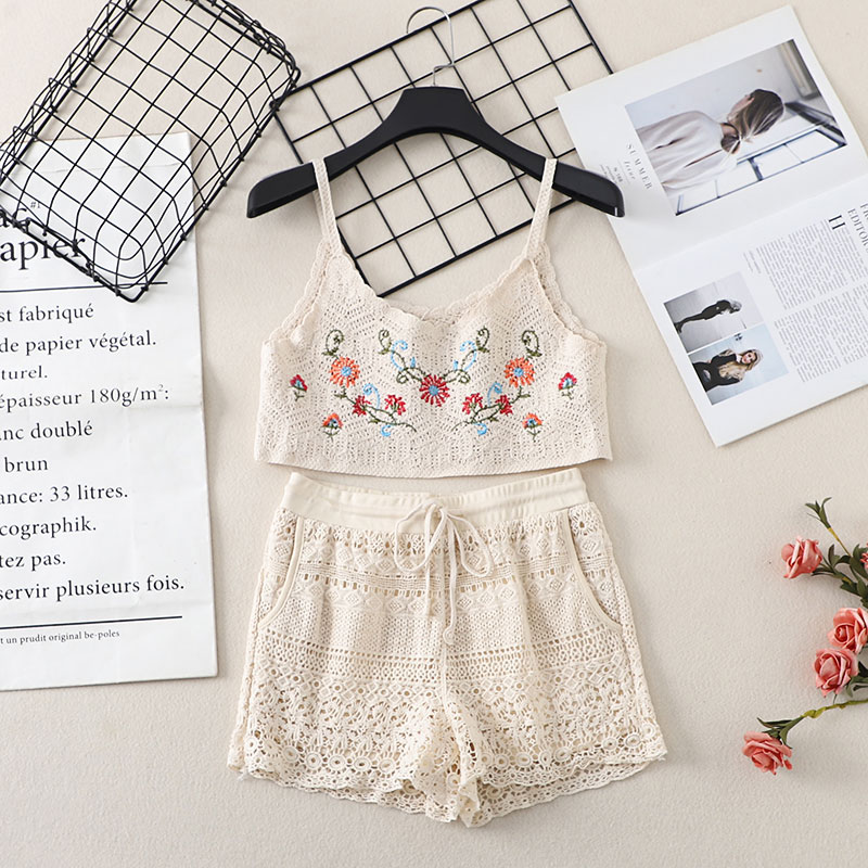 Women's New Suits Stitching Hollow Loose Camisole Drawstring Tie High Waist Shorts display picture 1