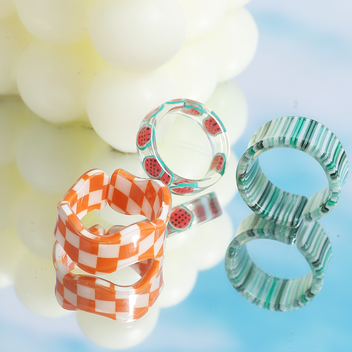New Small Fresh Checkerboard Resin Trend Personality Sweet Ring Three-piece Set display picture 1