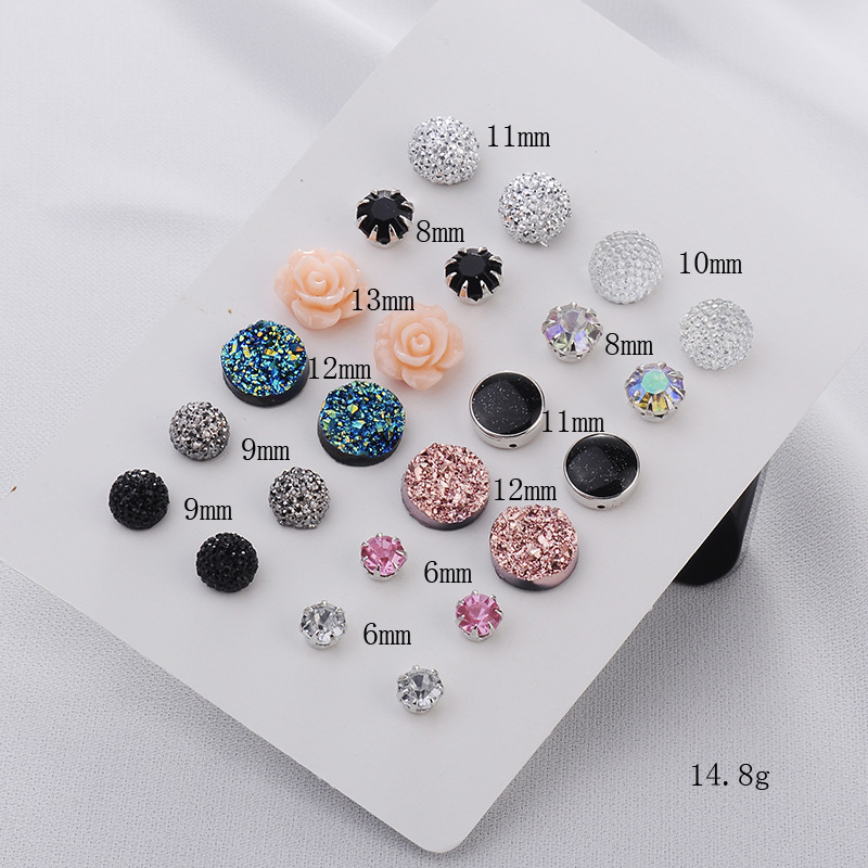 Crystal Flower Round Rhinestone Stud Earrings 12 Pairs Set display picture 3