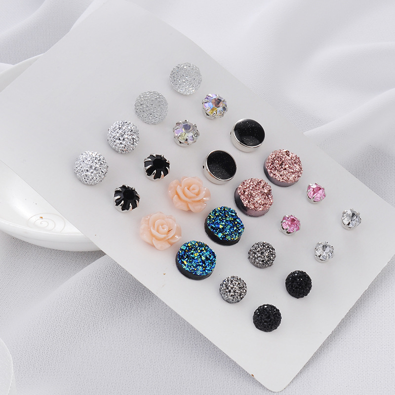 Crystal Flower Round Rhinestone Stud Earrings 12 Pairs Set display picture 4