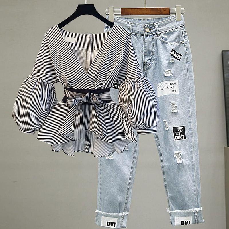 Simple Slim Striped Sleeve Chiffon Shirt Jeans Two-piece Suit display picture 2