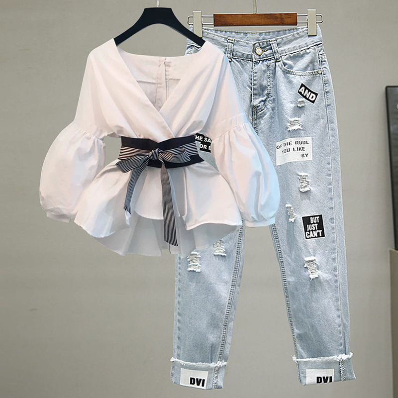 Simple Slim Striped Sleeve Chiffon Shirt Jeans Two-piece Suit display picture 4