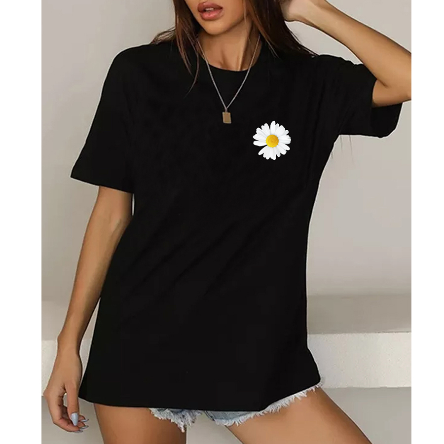 Camiseta Informal Holgada Con Estampado De Crisantemos Pequeños display picture 1