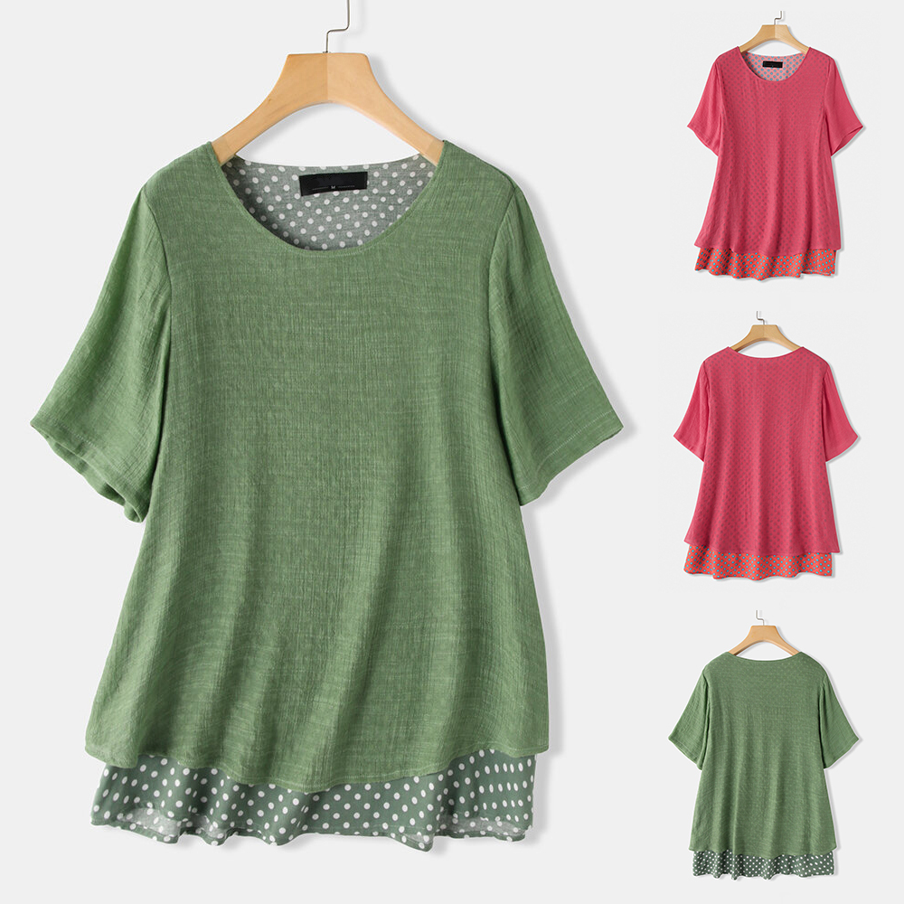 2022 Summer New Short-sleeved T-shirt Women&#39;s Korean Version Loose Casual Polka Dot Fake Two-piece Round Neck Women&#39;s Top display picture 1