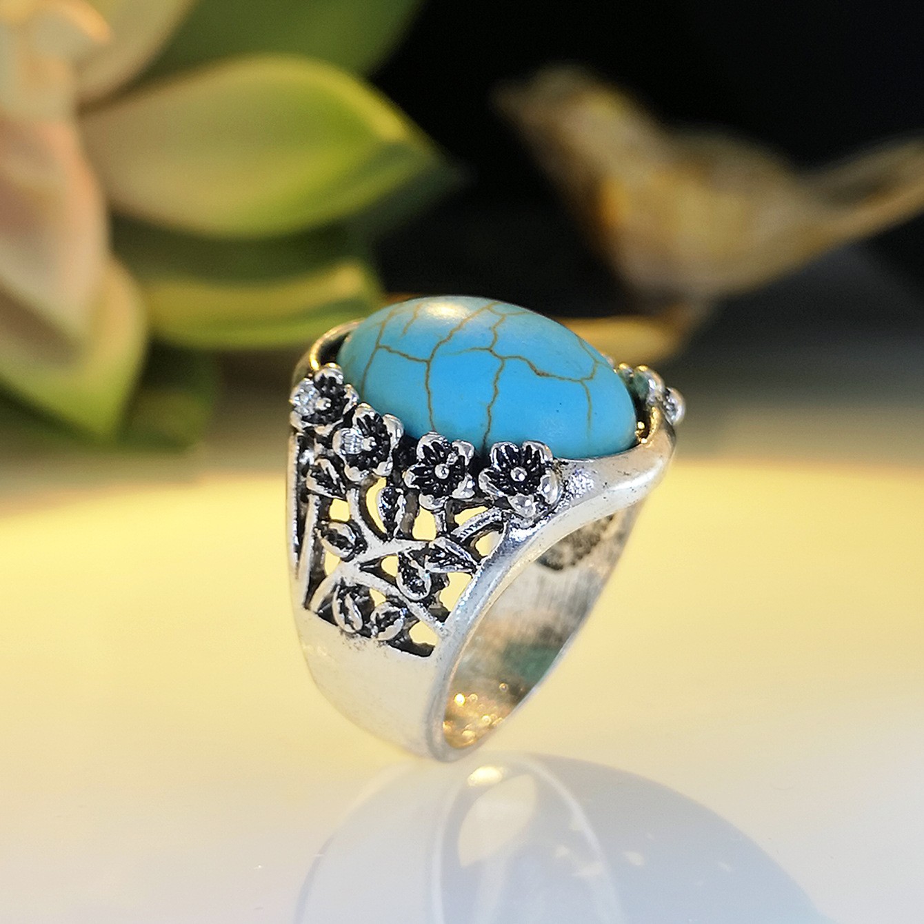 New European And American Creative Hollow Carved Turquoise Ring Cross-border E-commerce Retro Plated 925 Ring Wholesale display picture 1