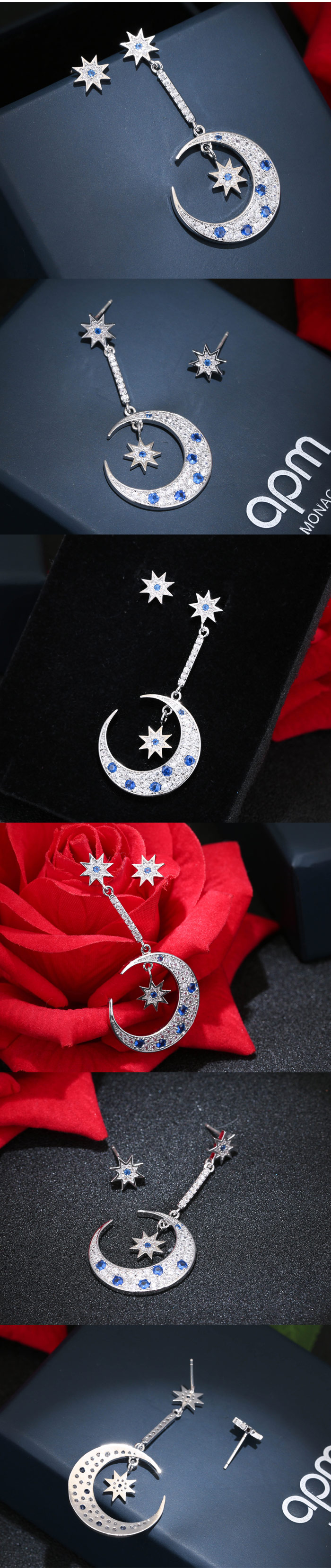 9982 Exquisite 925 Silver Needle Korean Fashion Copper Micro-inlaid Zircon Star And Moon Asymmetrical Personality Earrings display picture 1
