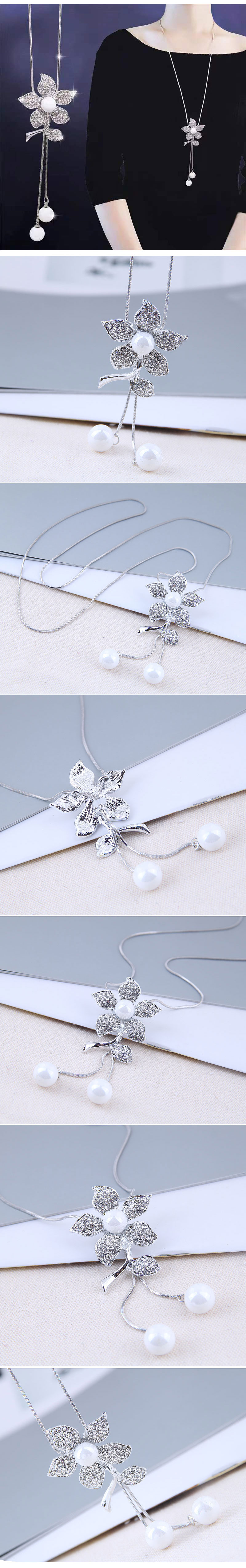 Exquisite Korean Fashion Metal Flash Diamond Small Flower Drop Ear Pearl Long Necklace / Sweater Chain display picture 1