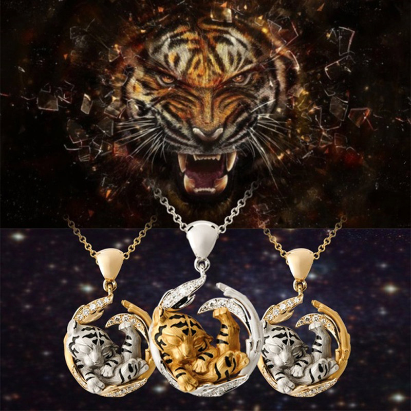 Vente Chaude Explosive New Unique Fantasy Tiger Pendant 18k Yellow / White Diamond Tiger Necklace display picture 1