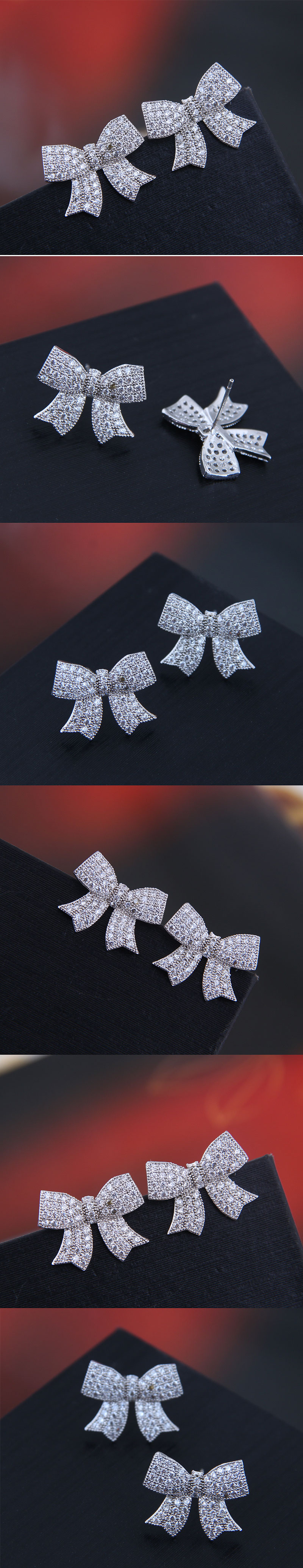 925 Silver Needle Korean Fashion Copper Micro Inlaid Zircon Bow Earrings display picture 1