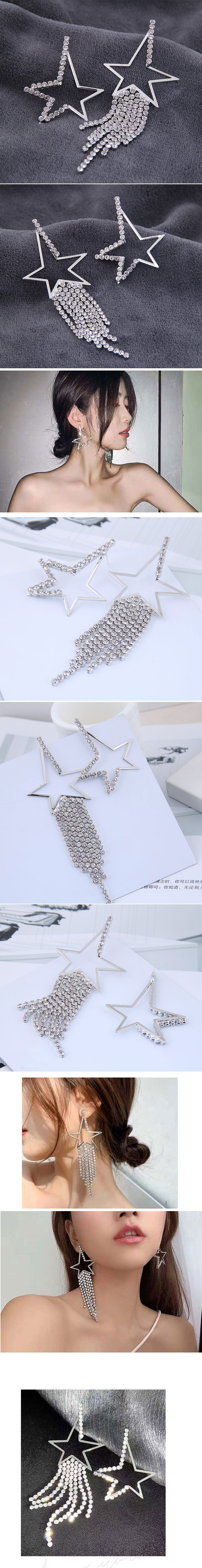 925 Silver Needle Fashion Metal Flash Diamond Pentagram Tassel Asymmetric Exaggerated Personality Stud Earrings display picture 1