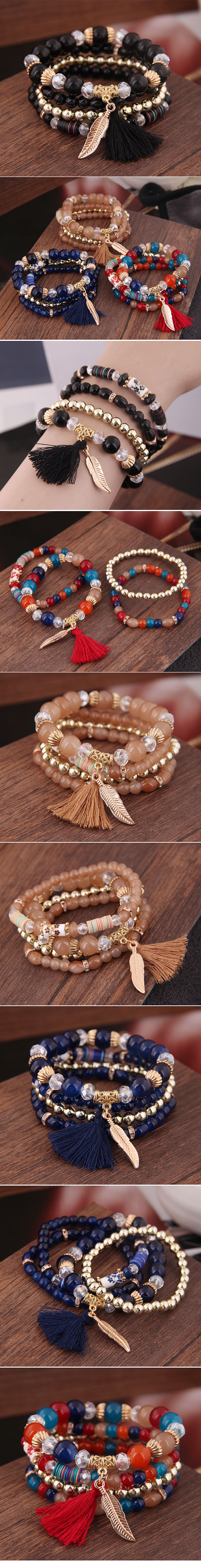 Simple And Colorful Acrylic Beads Fringed Leaf Pendant Multilayer Fashion Bracelet display picture 1