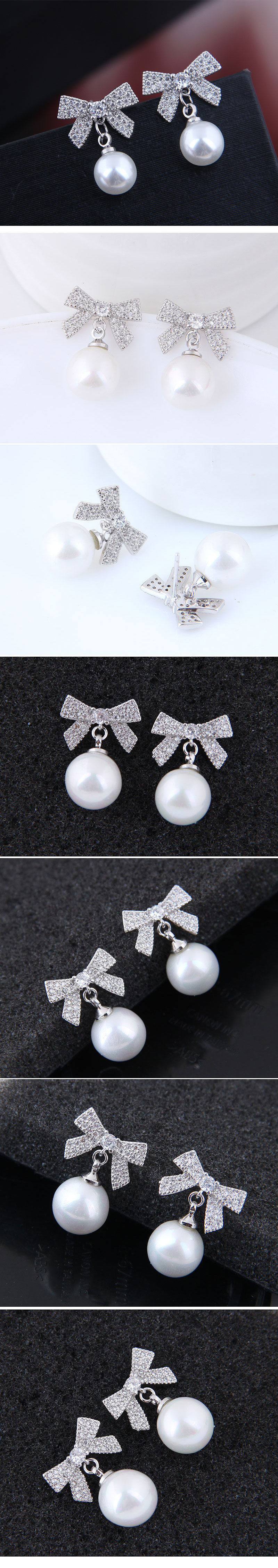 10737 Exquisite Korean Fashion Sweet Ol Flash Diamond Bow Pearl Personality Temperament Earrings display picture 1