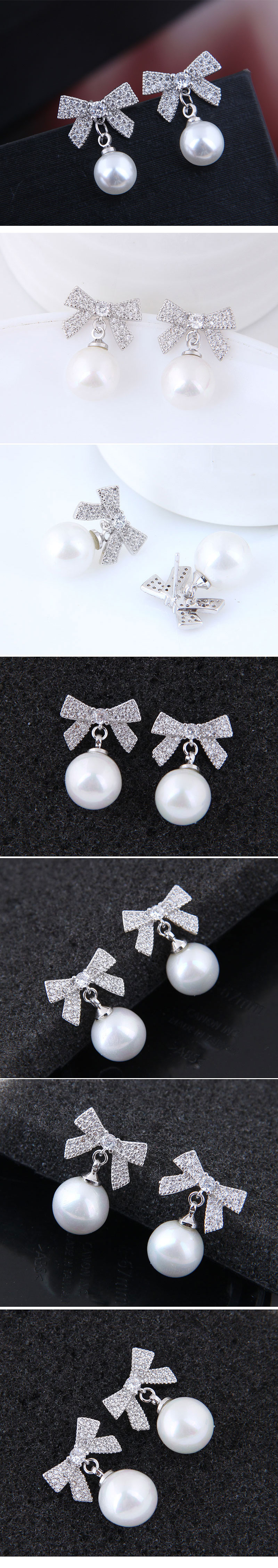10737 Exquisite Koreanische Mode Süße Ol Flash Diamant Bogen Perle Persönlichkeit Temperament Ohrringe display picture 1