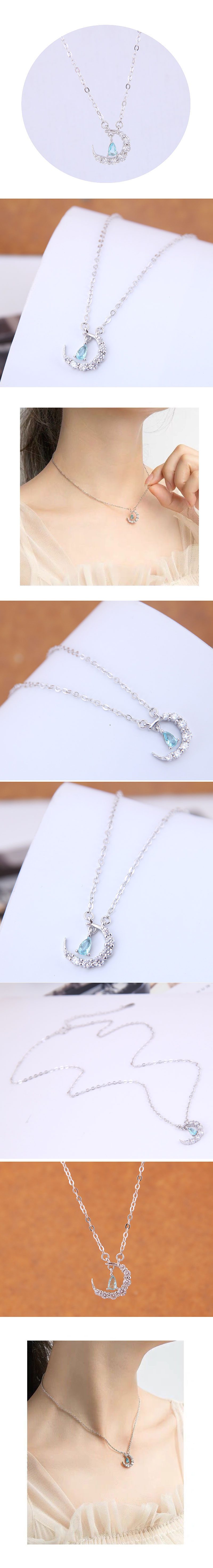 Korean Fashion Lady Necklace Exquisite Fashion Copper Plated Real Gold Blue Zircon Meniscus Necklace display picture 1