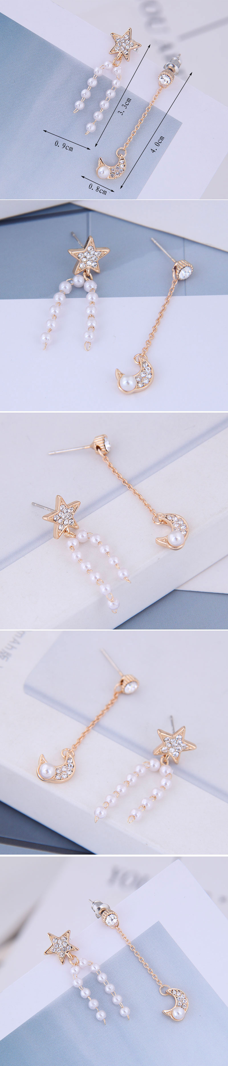 Pearl Asymmetric Earrings 925 Silver Needle Flash Diamond Star Moon Earrings display picture 1